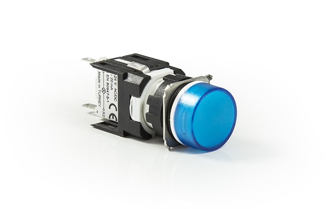 D Serisi Plastik LED'li 12-30V AC/DC Yuvarlak Mavi 16 mm Sinyal